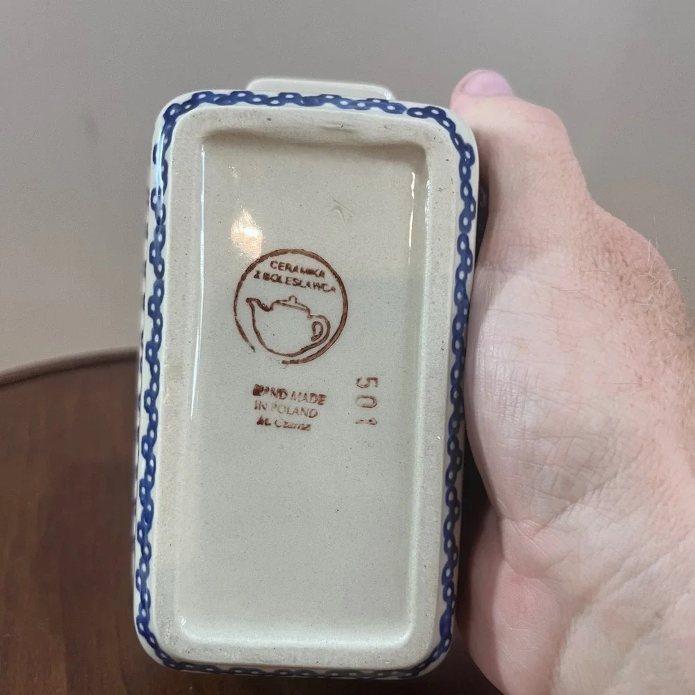 Ceramika Boleslawiec‎ Polish Pottery Mini Loaf Pan Blue White Stars Vtg Folk Art